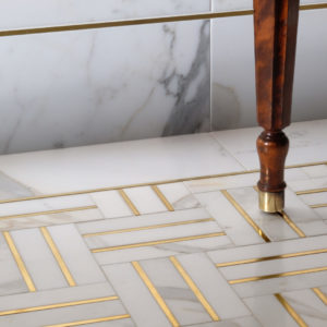 Bronzework Studio Precision Square Liner Hepburn Brass white marble floor