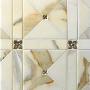 Bronzework Studio Classic Blooming Leaf .63-inch and 1.25-inch metal accent inset tiles with white marble