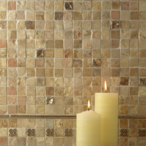 Foundry Art Carved Half-Round liners and 1-inch metal accent inset tiles stone backsplash installation