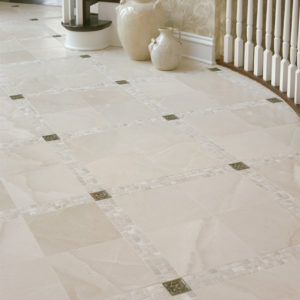 Foundry Art Lotus 3-inch metal accent inset tile white marble floor installation