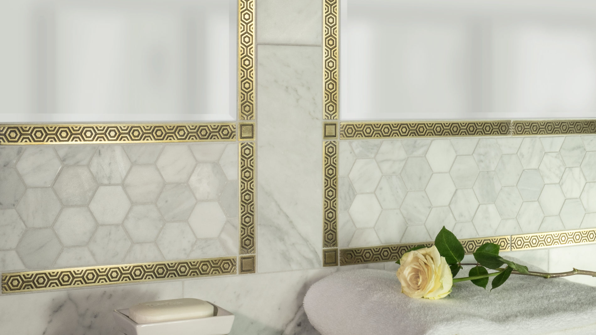 Bronzework Studio Autograph Square inset and Bebop graphic metal accent liner tile with white marble mirror