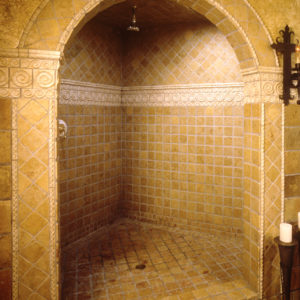 Talisman Spiral Wave, Spiral Wave Border, Combination Molding, Wavy Liner white ceramic tile bathroom installation